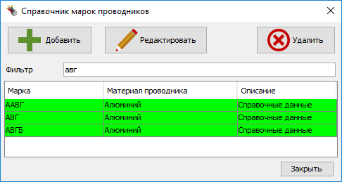 Фильтр марок проводников